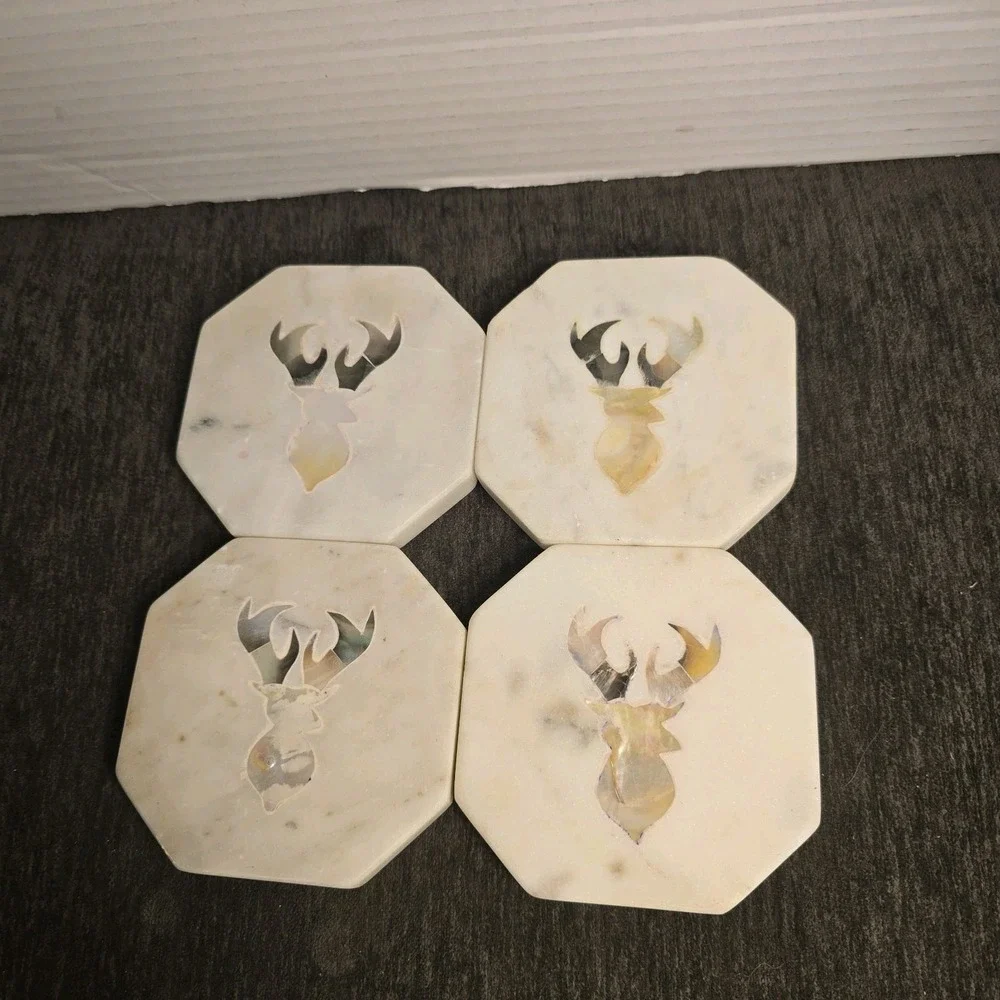 Marble Coasters Set of 4 Mother‎ of Pearl Abalone Stag Deer Inlay Octagon